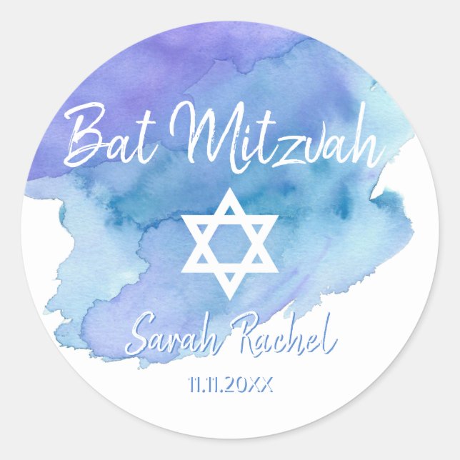 Sticker Rond Aquarelle Blue Star de David Bat Bar Mitzvah (Devant)