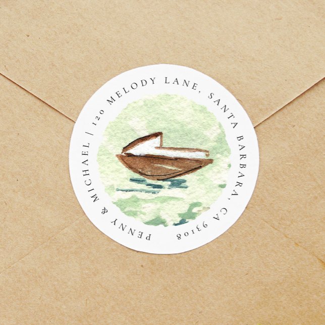Sticker Rond Aquarelle Boat Nautique Adresse de retour (Watercolor boat nautical wedding returns address label circle sticker.)