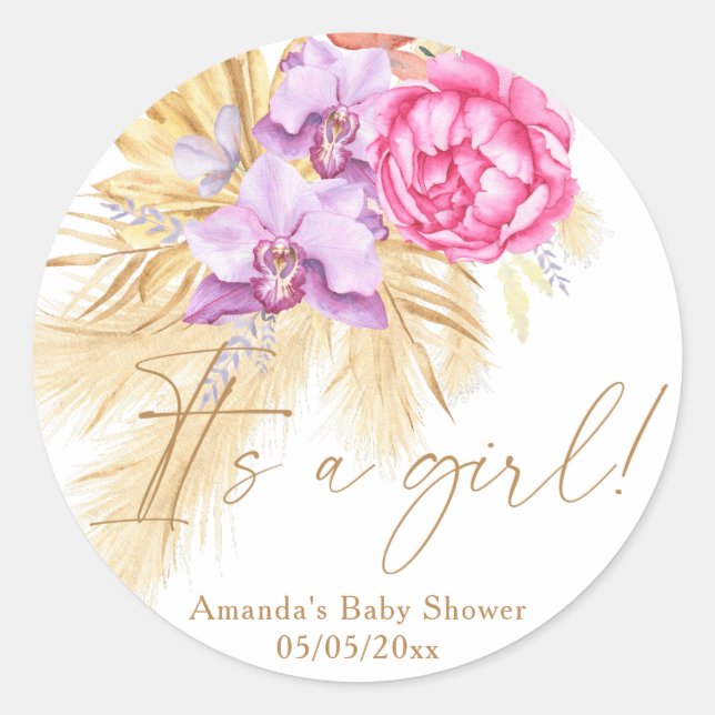 Sticker Rond Aquarelle boho pampas herbe - C'est une fille! (Devant)