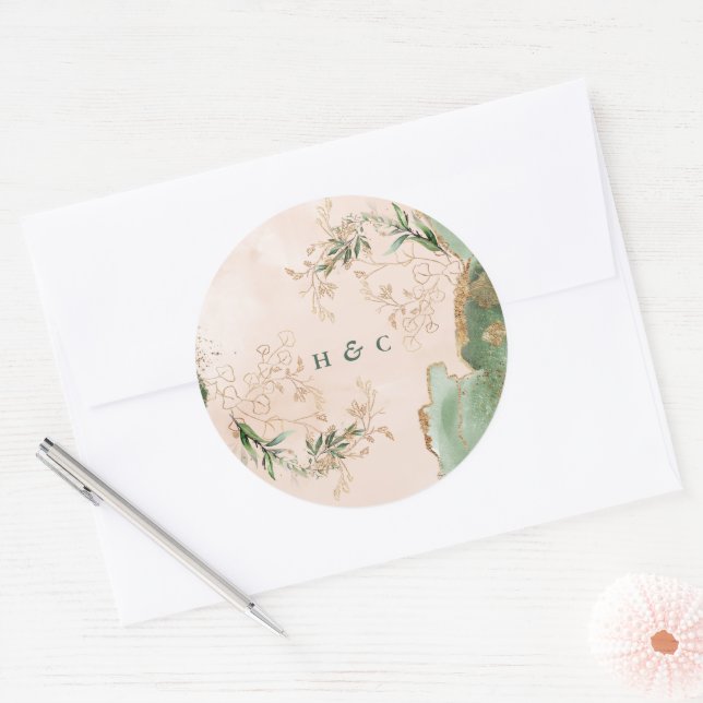 Sticker Rond Aquarelle Botanique Eucalyptus Élégant Monogramme (Enveloppe)