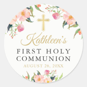 Sticker Rond Aquarelle Botanique Floral Première Communion Sai