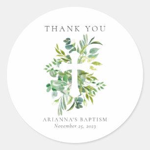 Sticker Rond Aquarelle Botanique Greens Cross Baptême
