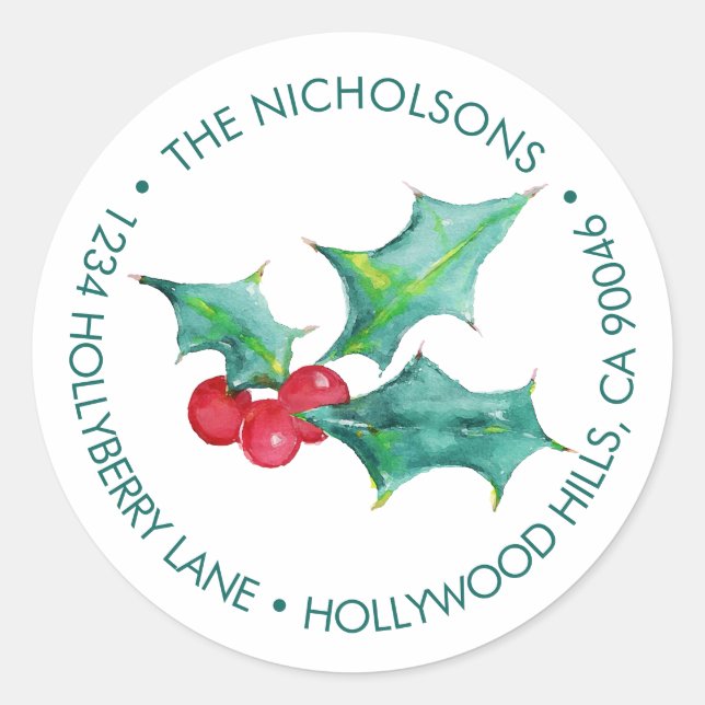 Sticker Rond Aquarelle Botanique Holly Berries Noël (Devant)