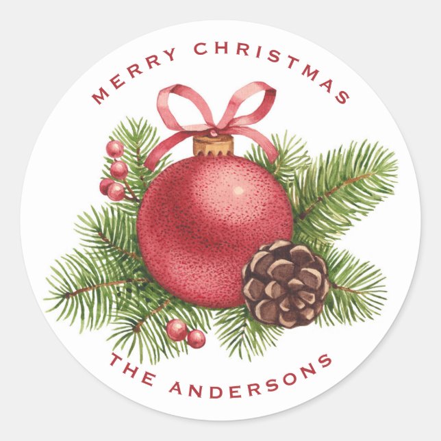 Sticker Rond Aquarelle Boule rouge Ornement Joyeux Noël (Devant)