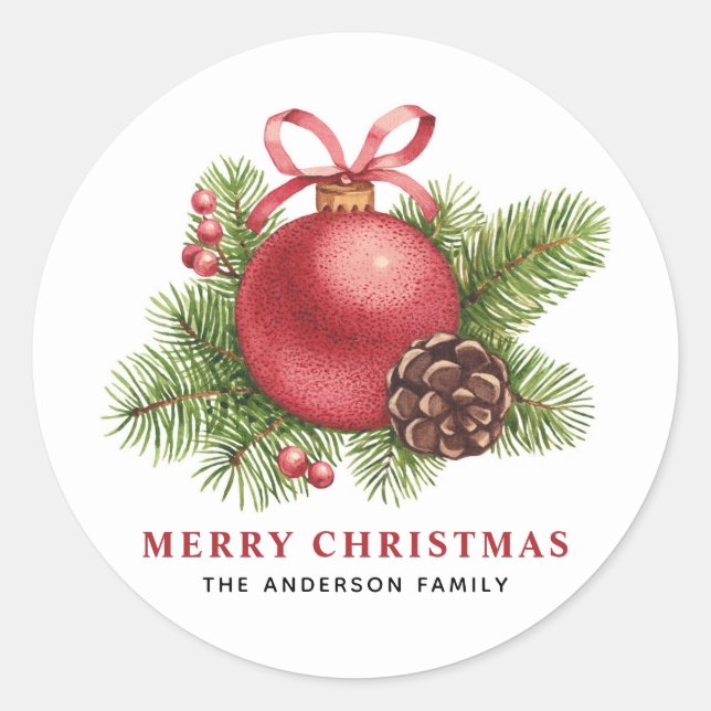 Sticker Rond Aquarelle Boule rouge Ornement Joyeux Noël (Devant)