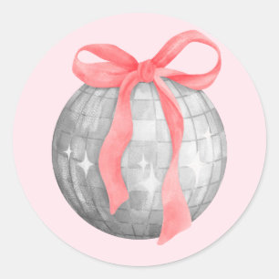 Sticker Rond Aquarelle Boule rouge rose Bow Silver Disco Ball