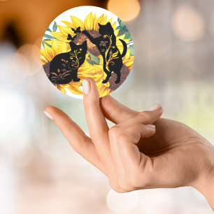 Sticker Rond Aquarelle Bouquet de tournesol Chat Silhouette flo