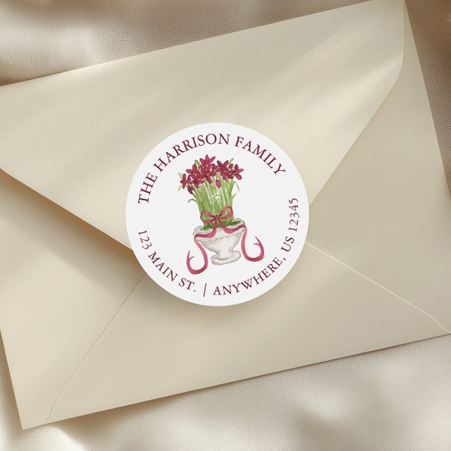 Sticker Rond Aquarelle Bourgogne Amaryllis Adresse de Noël (Créateur téléchargé)