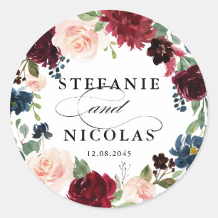Sticker Rond Aquarelle Bourgogne et Mariage Floral bleu