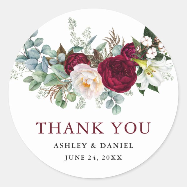 Sticker Rond Aquarelle Bourgogne Floral Mariage (Devant)