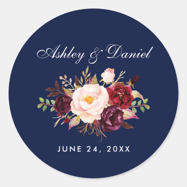 Sticker Rond Aquarelle Bourgogne Floral Mariage bleu (Devant)