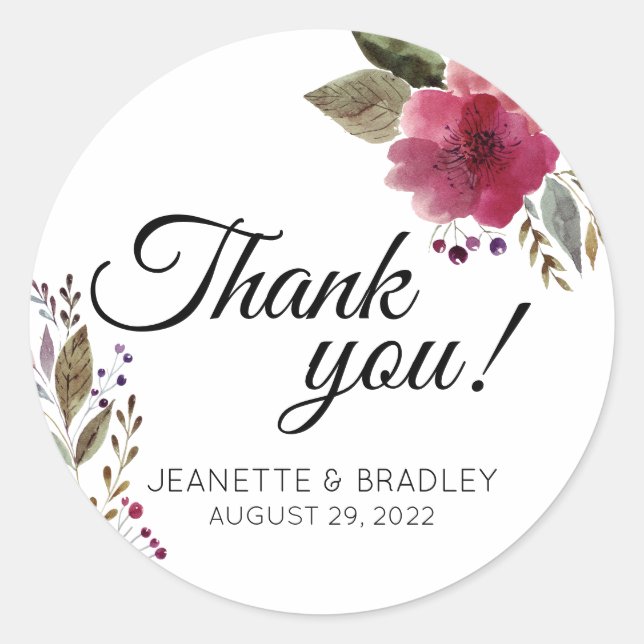Sticker Rond Aquarelle Bourgogne Floral Mariage moderne (Devant)