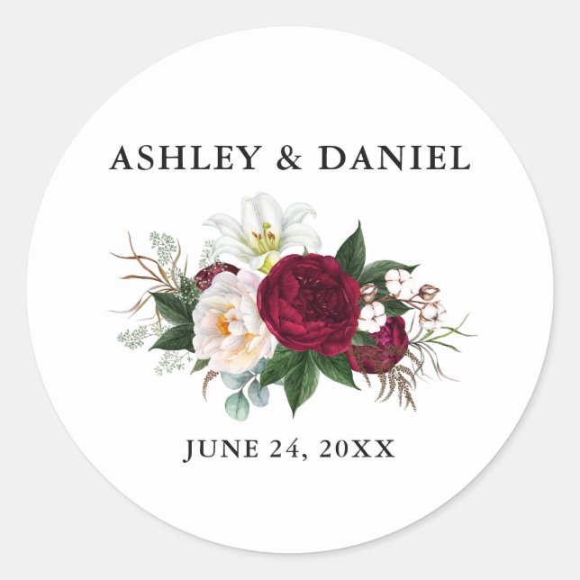 Sticker Rond Aquarelle Bourgogne Flore Mariage B (Devant)