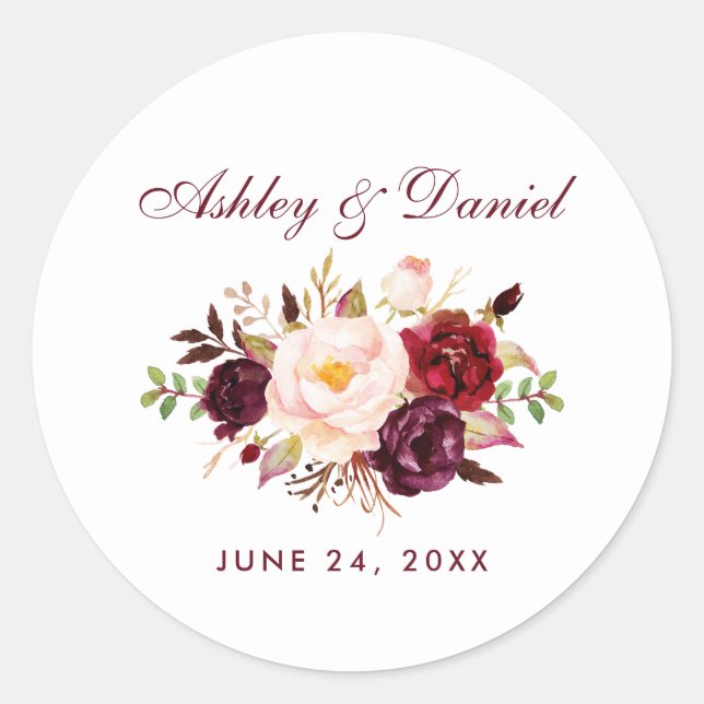 Sticker Rond Aquarelle Bourgogne Mariage Floral (Devant)