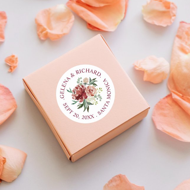 Sticker Rond Aquarelle Bourgogne rouille Mariage de bouquet flo (Créateur téléchargé)