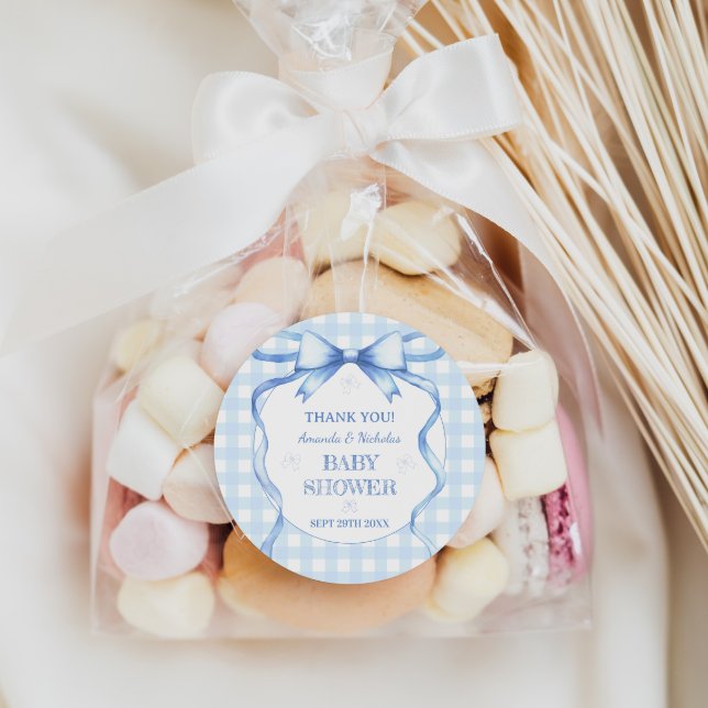 Sticker Rond Aquarelle Bow En vichy Blue Baby Boy Douche (Créateur téléchargé)