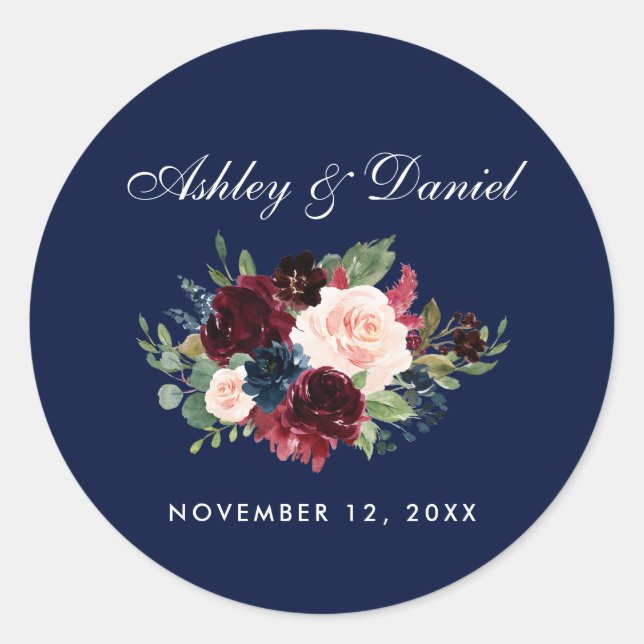 Sticker Rond Aquarelle Burgundy Blue Floral Mariage (Devant)