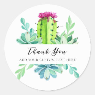 Sticker Rond Aquarelle Cactus Succulent Merci personnalisé
