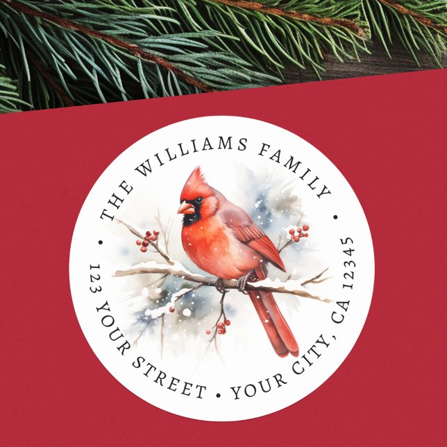 Sticker Rond Aquarelle cardinale rouge Adresse de retour de Noë (Red cardinal watercolor Christmas return address Classic Round Sticker)