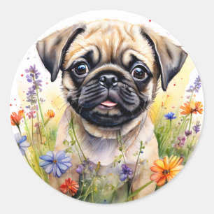 Sticker Rond Aquarelle Carlin Chiot dans le plaisir Fleur sauva