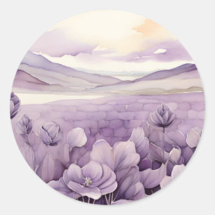 Sticker Rond Aquarelle Champ de fleurs violettes