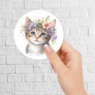Sticker Rond Aquarelle Chat avec couronne de fleurs