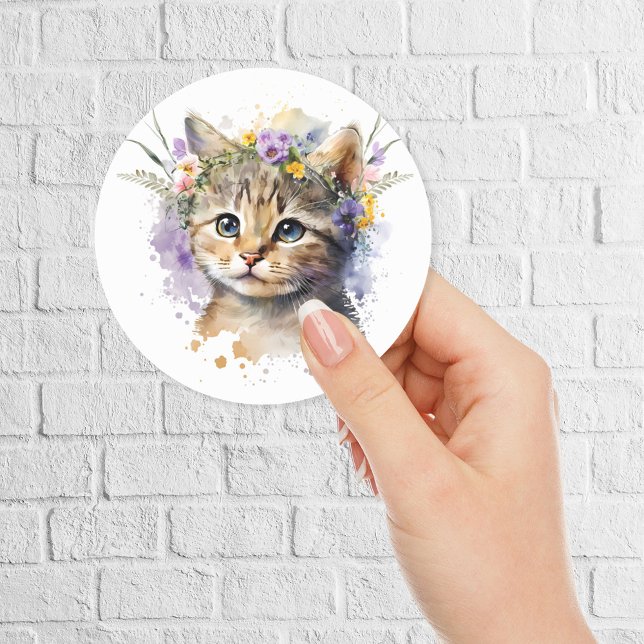 Sticker Rond Aquarelle Chat avec couronne de fleurs (Créateur téléchargé)