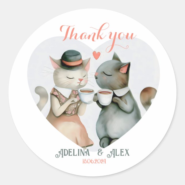 Sticker Rond Aquarelle Chat Couple Merci Mariage Faveur (Devant)