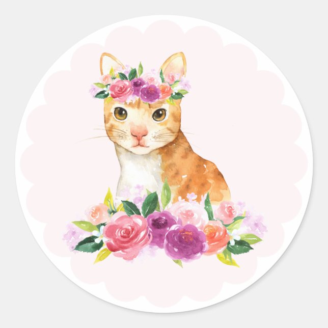 Sticker Rond Aquarelle Chat orange et Fleurs violettes Chien (Devant)