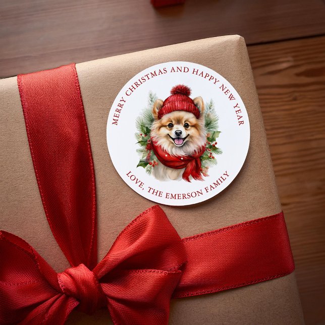 Sticker Rond Aquarelle Chien de Poméranie de Noël (Créateur téléchargé)