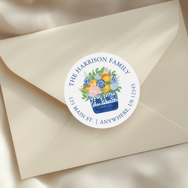 Sticker Rond Aquarelle Chinoiserie Mandarins Adresse de Noël (Créateur téléchargé)