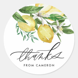 Sticker Rond Aquarelle Citron et fleurs Merci d'anniversaire