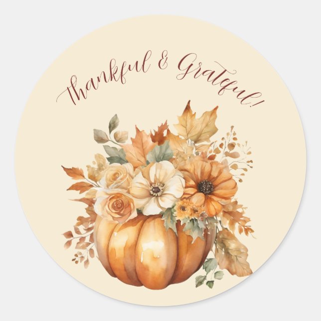 Sticker Rond Aquarelle Citrouille Floral-Thankful & Grateful (Devant)