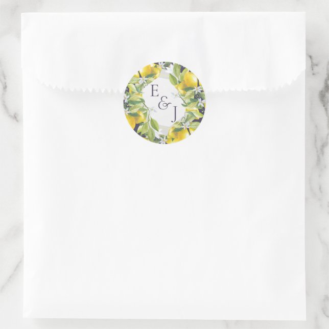 Sticker Rond Aquarelle Citrus Mariage Monogramme (Sac)