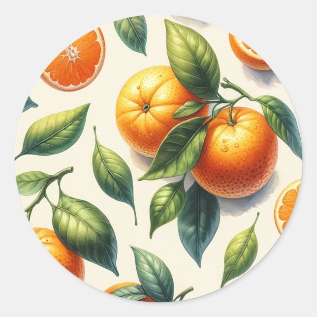 Sticker Rond Aquarelle Citrus Orange Feuille Mariage (Devant)