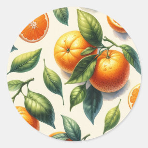 Sticker Rond Aquarelle Citrus Orange Feuille Mariage