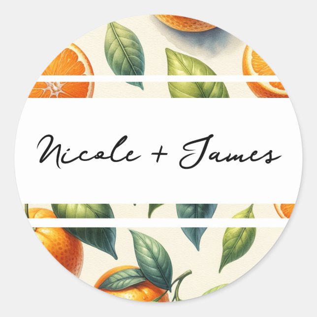 Sticker Rond Aquarelle Citrus Orange Feuille Mariage (Devant)