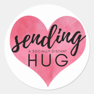 Sticker Rond Aquarelle Coeur envoyer un Hug socialement éloigné