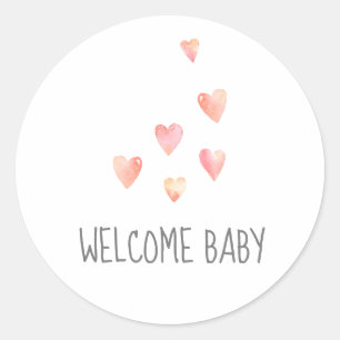 Sticker Rond Aquarelle Coeurs fille Baby shower de bienvenue St