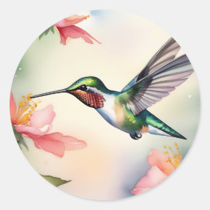 Sticker Rond Aquarelle Colibri Et Fleurs
