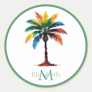 Sticker Rond Aquarelle colorée Palm Tree Monogramme