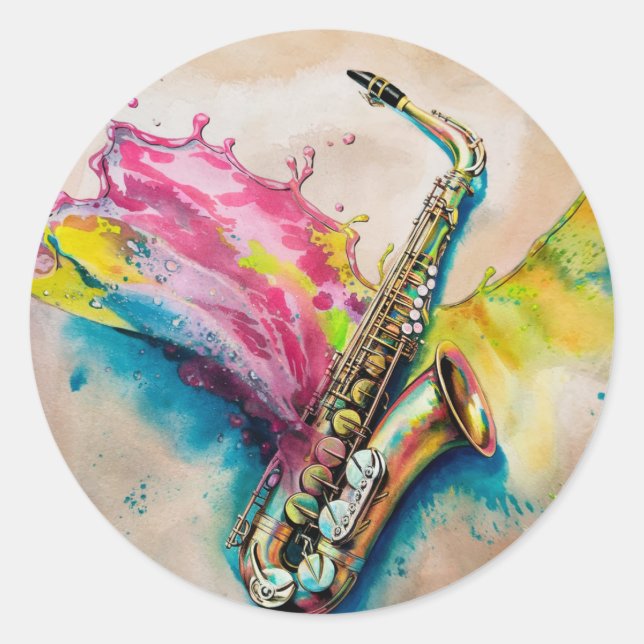 Sticker Rond Aquarelle colorée Saxophone Splash (Devant)