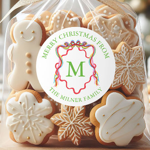 Sticker Rond Aquarelle Confetti Noël Bow Monogram Crest