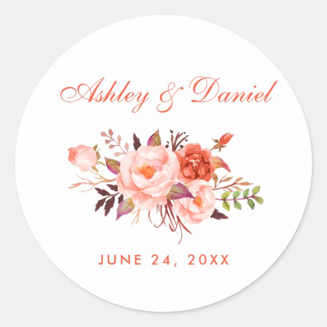 Sticker Rond Aquarelle Coral Floral Mariage (Devant)