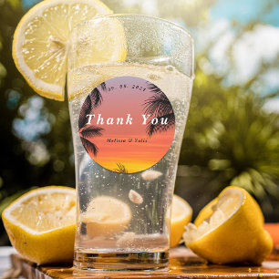 Sticker Rond Aquarelle coucher de soleil plage de palmiers merc