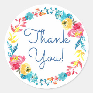 Sticker Rond Aquarelle couleur vive Merci floral