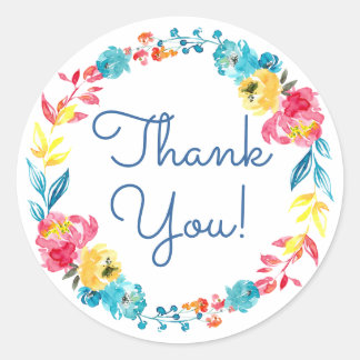 Sticker Rond Aquarelle couleur vive Merci floral