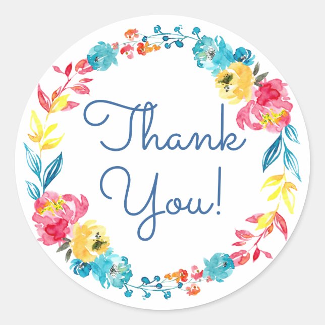 Sticker Rond Aquarelle couleur vive Merci floral (Devant)