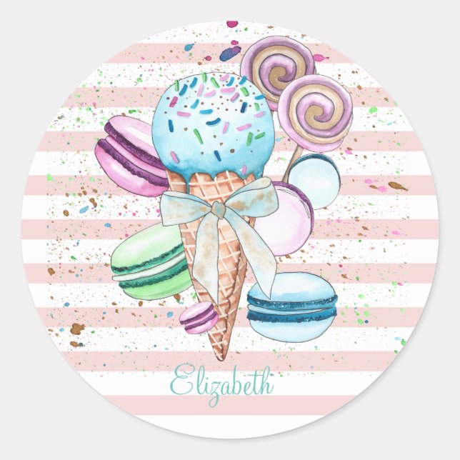 Sticker Rond Aquarelle Crème glacée, Macarons, Bandes roses (Devant)