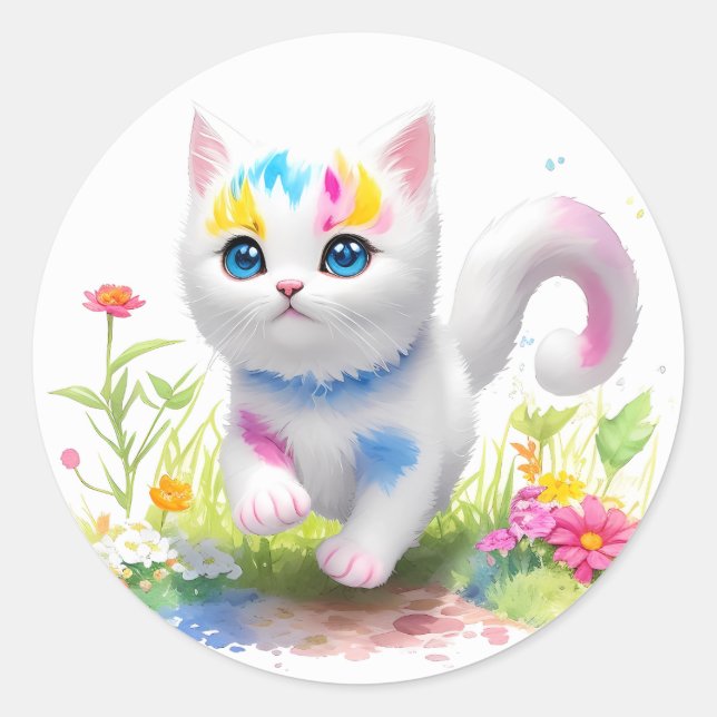 Sticker Rond Aquarelle Cute chat (Devant)